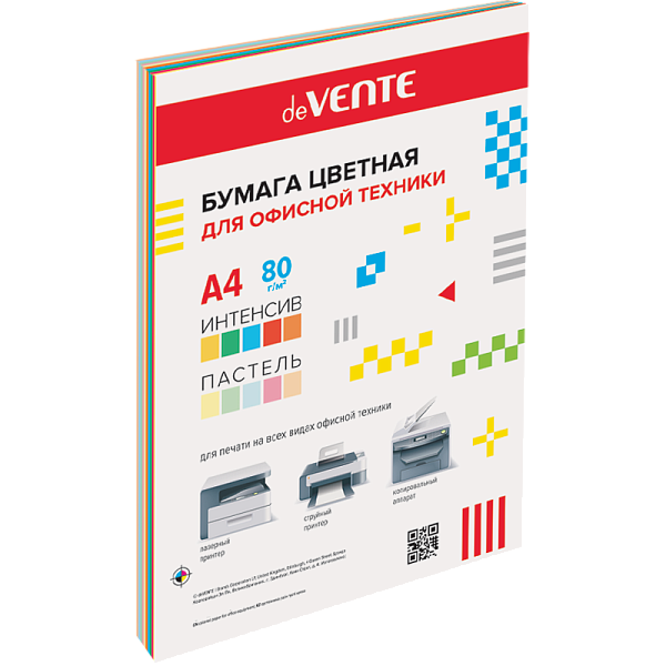 Бумага цветная для офисной техники "deVENTE" A4 50 л, 80 г/м², ассорти 10 цветов (5 интенсивных и 5 пастельных цветов), в пластиковом пакете
