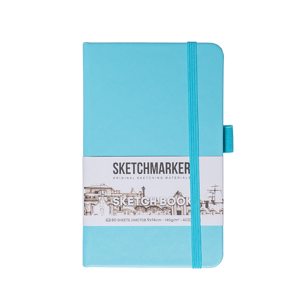 Скетчбук для зарисовок Sketchmarker, небесно-голубой, тв. обложка с резинкой, 140 г/м, 9х14 см, 80 л. бумаг слоновая кость
