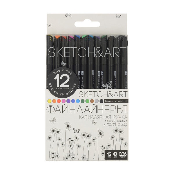 Набор скетч линеров 0.36мм 12 цв. SKETCH&ART. BLACK EDITION,