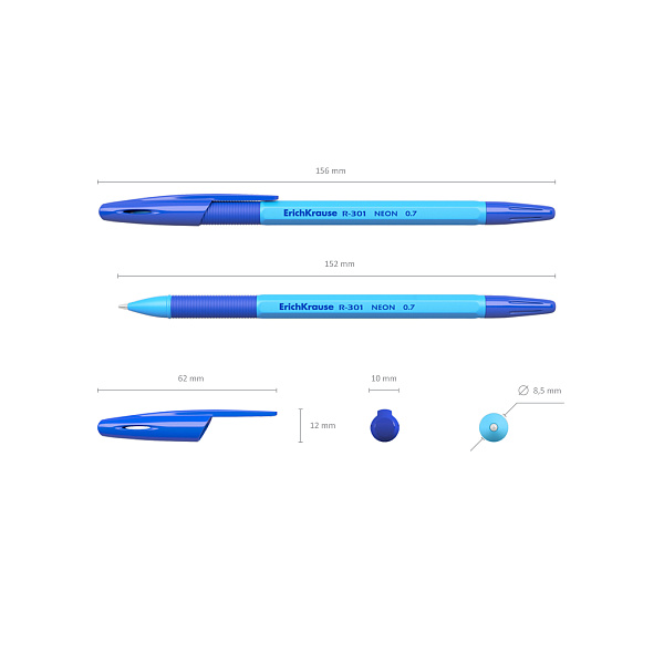 Набор из 4 ручек шариковых ErichKrause R-301 Stick&Grip Neon 1.0, цвет чернил синий (в пакете)