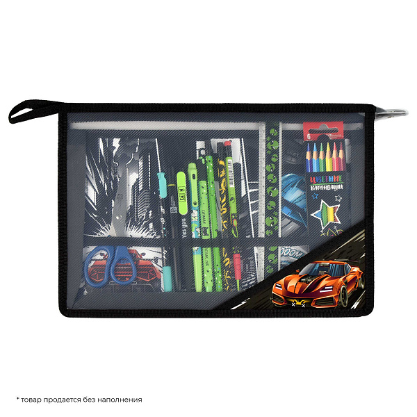 Папка для труда А4 Феникс+ "ГОНКИ" (полипропилен, 33x23 см, 1 отд., молния, внутренний разделитель с эластичными держателями для канцелярских принадл
