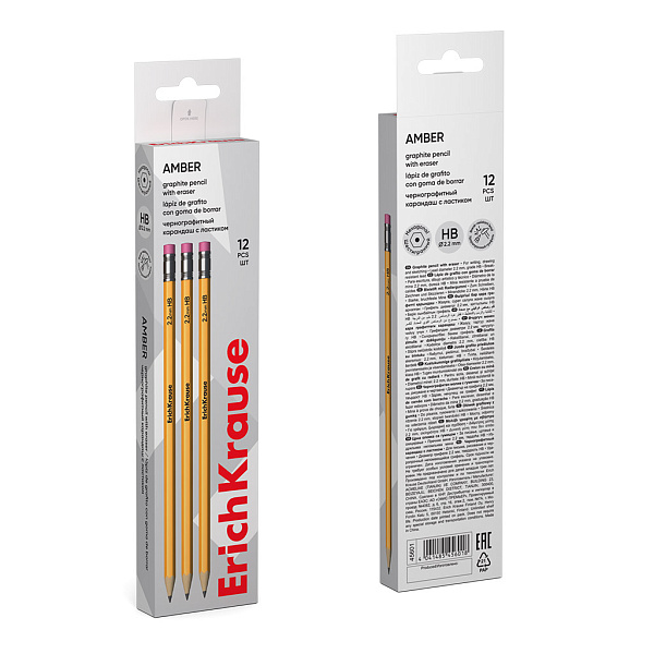 Карандаш ч/г HB ErichKrause® Amber 101 HB шестигранный с ластиком (в коробке по 12 шт.)