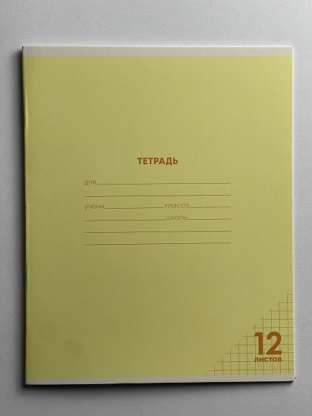 Тетрадь 12 листов в клетку ЖЕЛТАЯ, обложка из мелованного картона (200г/м2), блок офсет (92%, 60г/м2)