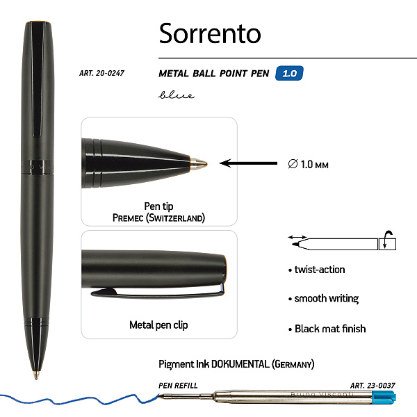 Ручка "SORRENTO" в подарочном футляре, 1.0 ММ, СИНЯЯ (корпус черный, футляр черный)