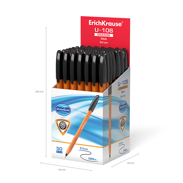 Ручка шариковая ErichKrause® U-108 Orange Stick 1.0, Ultra Glide Technology, цвет чернил черный (в коробке по 50 шт.)