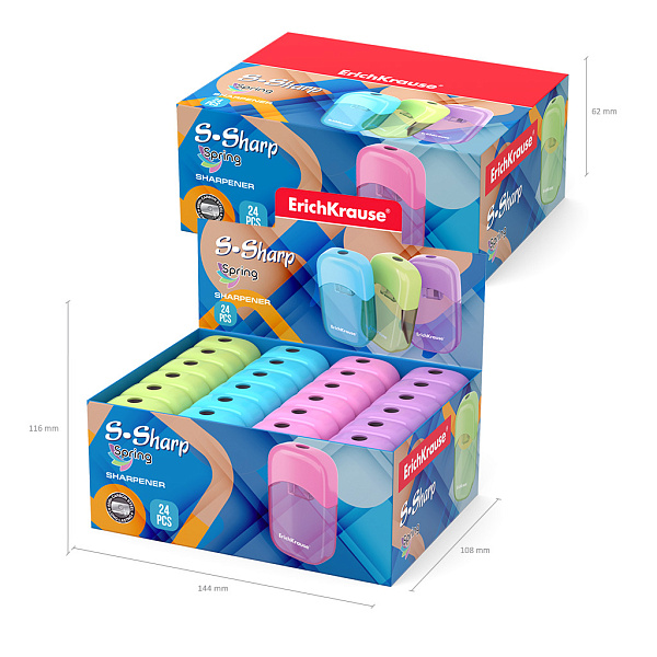 Точилка 1 отв. ErichKrause S-Sharp пластик, с контейнером, цвет корпуса ассорти 