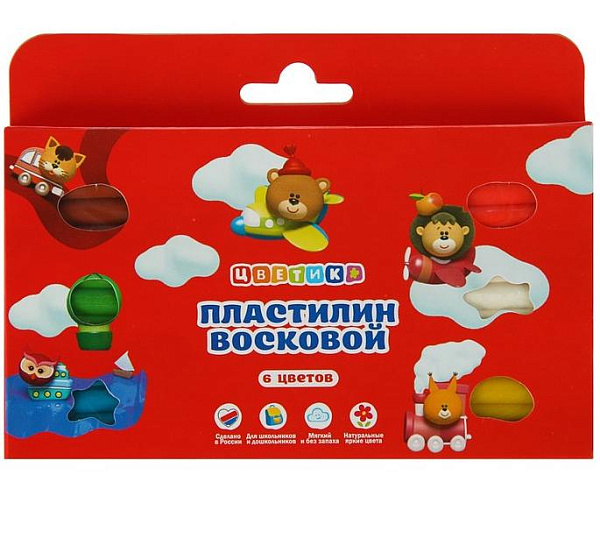 Пластилин 6 цв. восковой со стеклом "Цветик", 90г в карт.кор.