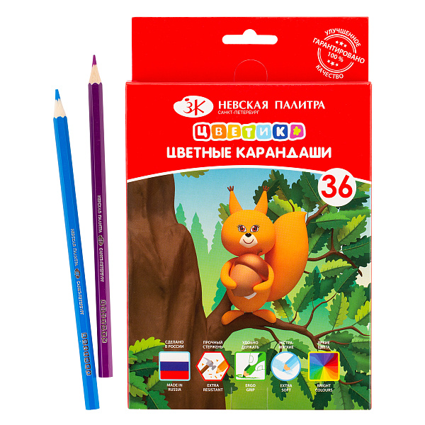 Карандаши 36 цв. Цветик шестигранные, 2М-4М, заточенные
