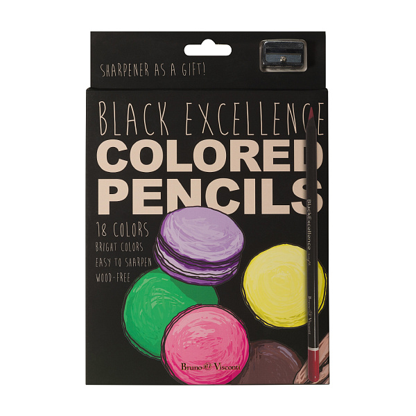 КАРАНДАШИ ЦВЕТНЫЕ ПЛАСТИКОВЫЕ  "Black Excellence" С ТОЧИЛКОЙ, 18 ЦВЕТОВ, 4 ВИДА (10702070/190723/3294953,КИТАЙ)