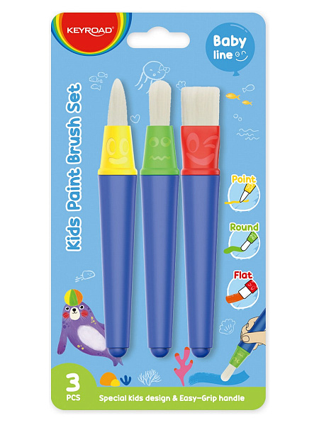 Набор кистей 3 шт. KEYROAD для рисования, синтетика, в блистере,