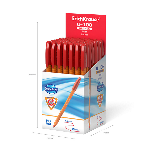 Ручка шариковая ErichKrause® U-108 Orange Stick 1.0, Ultra Glide Technology, цвет чернил красный (в коробке по 50 шт.)