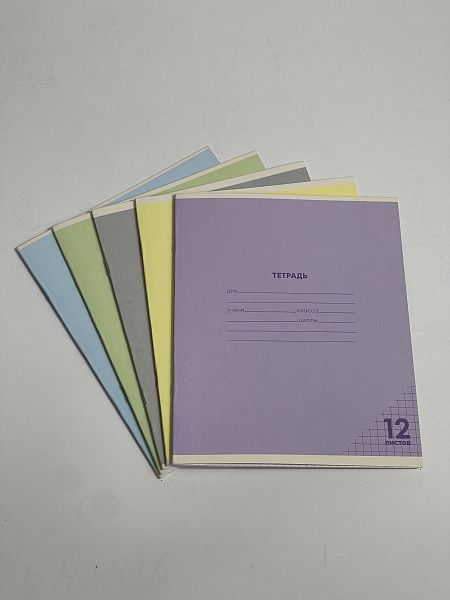 Тетрадь 12 листов в клетку Однотонная III, обложка из мелованного картона (200г/м2), блок офсет (92%, 60г/м2), микс 5 цветов