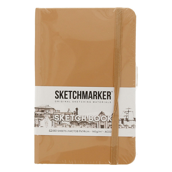 Скетчбук для зарисовок Sketchmarker, капучино, тв. обложка с резинкой, 140 г/м, 9х14 см, 80 л. бумага слоновая кость