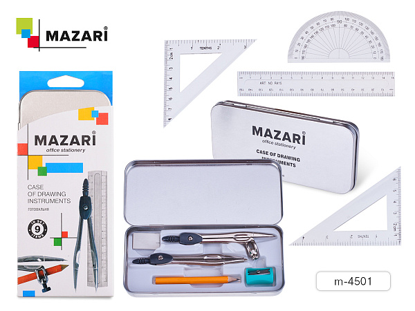 Готовальня 9 предм(2цирк115мм,угольн60х30х90;45х45х90,лин15см,трансп, каранд,точ.,ластик),мет.пенал