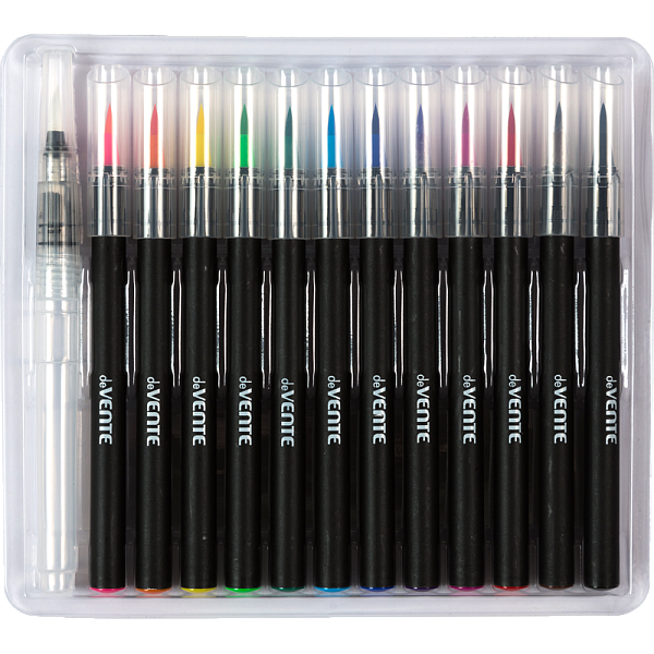 Маркеры акварельные "deVENTE" 12 цв. +1 кисть Water Brush, наконечник-кисть из нейлона, ширина линии письма от 0,5 мм до 4 мм, круглый корпус, акварельные чернила на водной основе, в пластиковой коробке