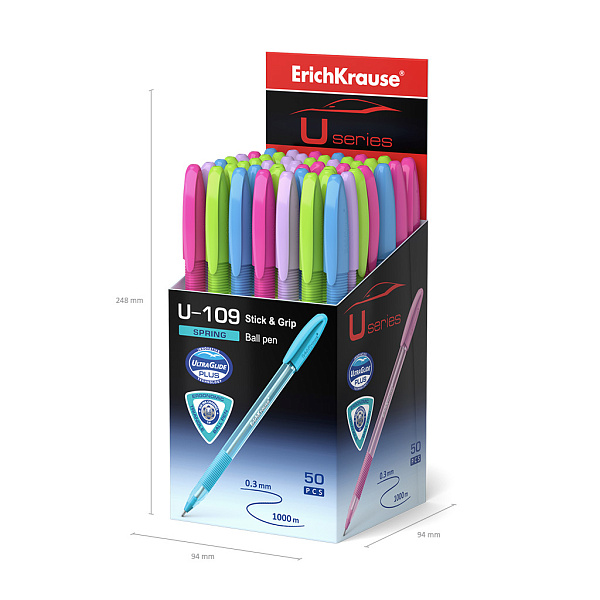 Ручка шариковая ErichKrause® U-109 Spring Stick&Grip 1.0, Ultra Glide Technology, цвет чернил синий (в коробке по 50 шт.)