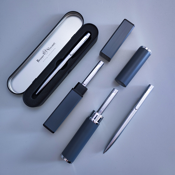 Ручка "FIRENZE" в тубусе прямоугольной формы 1.00 ММ, СИНЯЯ (корпус серебряный, футляр серый)