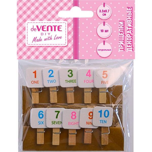 Прищепки декоративные "deVENTE. DIY Цифры" деревянные, 35x7 мм, 10 шт, натуральный цвет, в пластиковом пакете с блистерным подвесом