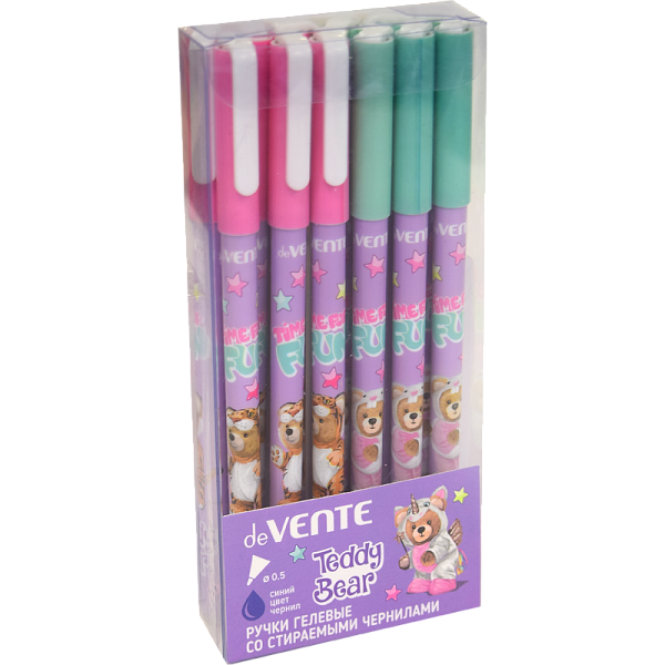 Ручка гелевая 0,5 мм стираемая "deVENTE. Teddy Bear" СИНЯЯ, 2 дизайна корпуса ассорти, с ластиком, сменный стержень, индивидуальная маркировка