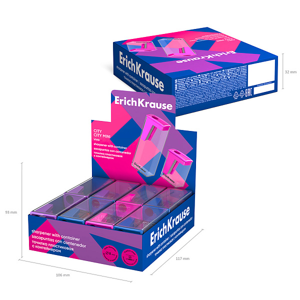 Точилка 1 отв. ErichKrause City, Vivid, с контейнером, ассорти, пластиковая 