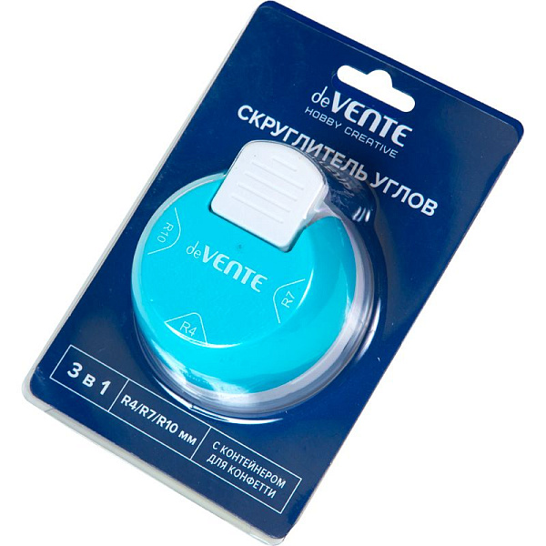 Скруглитель углов 3 в 1 "deVENTE. HOBBY CREATIVE" 73x76x35 мм, для обрезки углов (R4, R7, R10) на этикетках, фотографиях, листах, картоне, ламинации и тонком пластике, бирюзовый, в пластиковой упаковке с подвесом