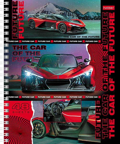 Тетрадь 48 л. кл. на гребне "В мире авто" 65г/кв.м металлизиров. картон, выб лак 4 диз.в блоке 