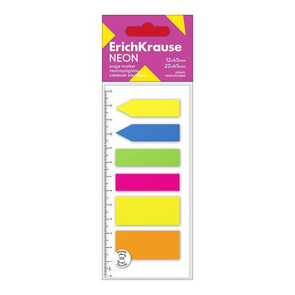 Закладки пластиковые ErichKrause Neon, 12х45 мм, 20x45 мм, 150 листов, 5 цветов