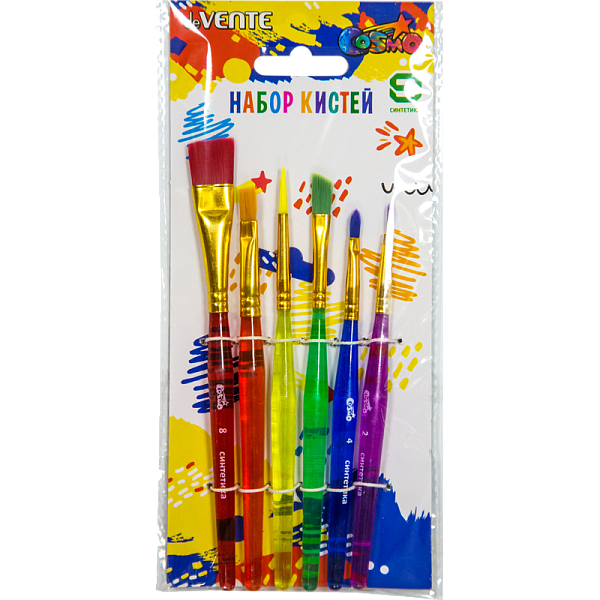Набор кистей 6 шт. "deVENTE. Cosmo" (синтетика круглые № 2, 3, 4, плоские № 5, 6, 8) ручка пласт., окрас волоса и ручки в ярких цветах, в пластиковой упаковке с картонной подложкой и резинками-фиксаторами кистей