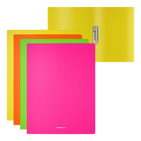 Папка с боковым зажимом ErichKrause Matt Neon, A4, пластиковая, ассорти (в пакете по 4 шт.)