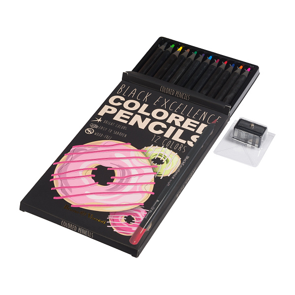 КАРАНДАШИ ЦВЕТНЫЕ ПЛАСТИКОВЫЕ  "Black Excellence" С ТОЧИЛКОЙ, 12 ЦВЕТОВ, 4 ВИДА (10702070/190723/3294953,КИТАЙ)