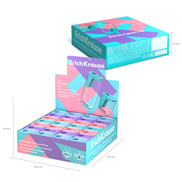 Точилка пластиковая ErichKrause City Mini, Pastel, с контейнером, ассорти (в коробке-дисплее по 28 шт)