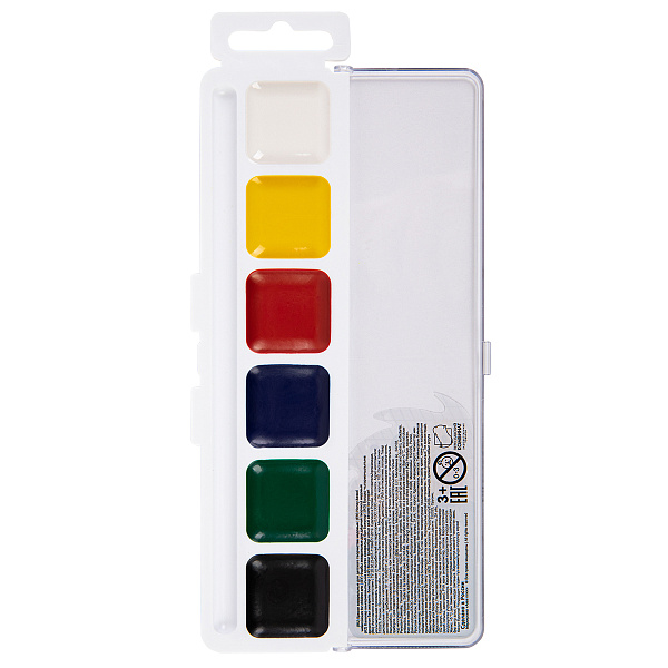 Акварель 6 цветов "Учись" без кисти, медовые, пластиковый пенал с европодвесом