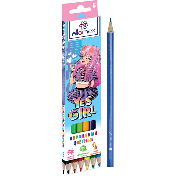 Карандаши 6 цв. "Attomex. Yes Girl", М, диаметр грифеля 2,65 мм, шестигранные, в картонн.кор.