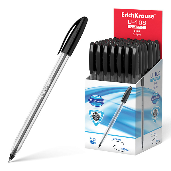 Ручка шариковая ErichKrause® U-108 Classic Stick 1.0, Ultra Glide Technology, цвет чернил черный (в коробке по 50 шт.)