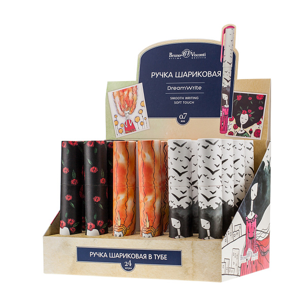 Ручка шариковая 0,7 мм "DreamWrite. Принцессы" в тубусе СИНЯЯ, 3 ВИДА 