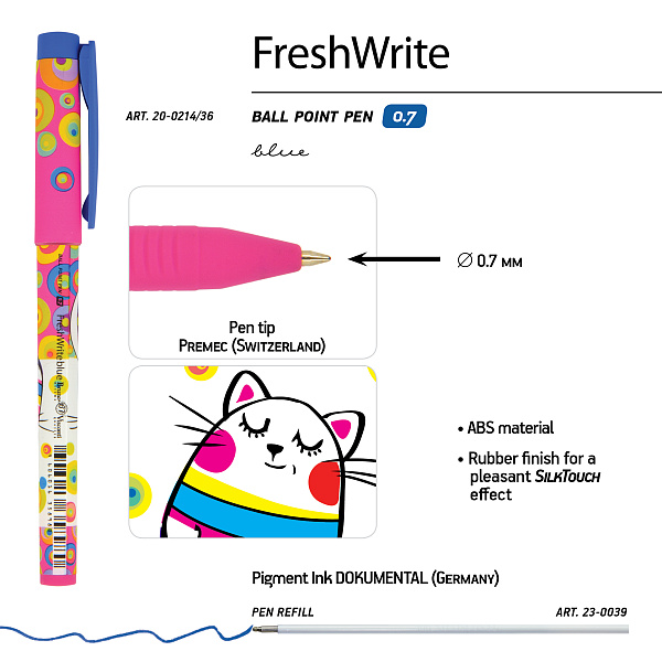 Ручка шариковая 0,7 мм "FreshWrite. Мультики. Кот" СИНЯЯ 