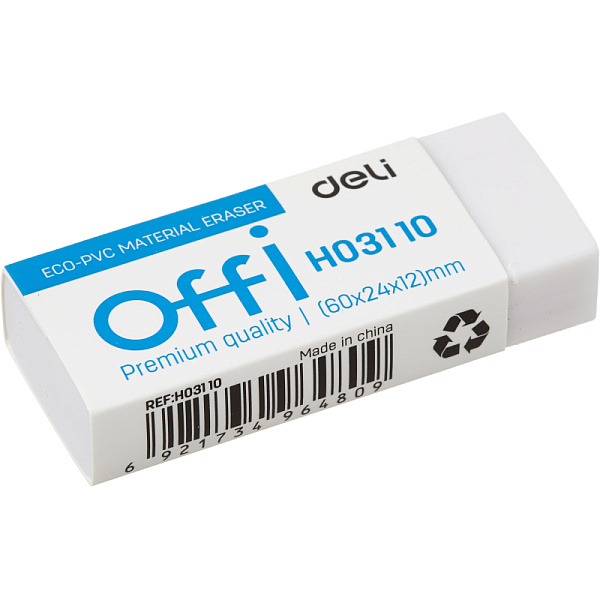 Ластик Deli Offi 60x24x12мм ПВХ белый индивидуальная картонная упаковка