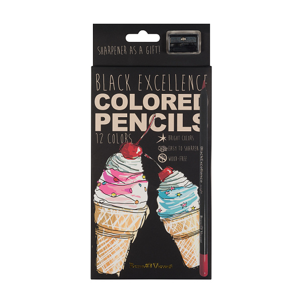 КАРАНДАШИ ЦВЕТНЫЕ ПЛАСТИКОВЫЕ  "Black Excellence" С ТОЧИЛКОЙ, 12 ЦВЕТОВ, 4 ВИДА (10702070/190723/3294953,КИТАЙ)