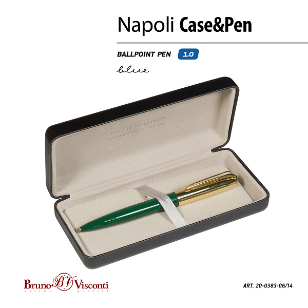 Ручка "NAPOLI" в футляре PREMIUM из экокожи, 1,0 ММ, СИНЯЯ (корпус зел и золотой, футляр черный)