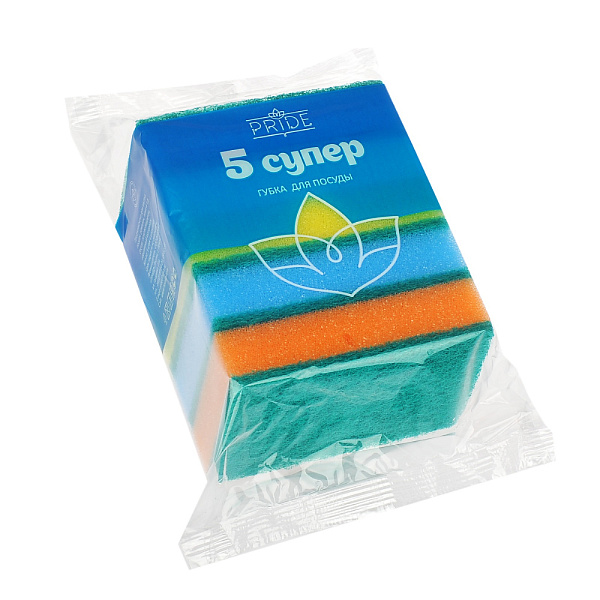 Губка для посуды "Супер" с чистящим слоем 100х70х25, 5 шт