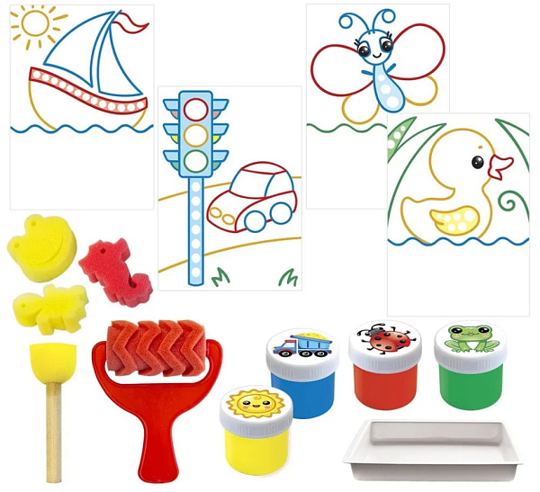 Набор пальчиковых красок "Кроха" 4 цв. с аксессуарами "Первые краски малыша"