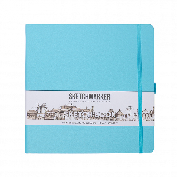 Скетчбук для зарисовок Sketchmarker, небесно-голубой, тв. обложка с резинкой, 140 г/м, 20x20 см, 80 л. бумага слоновая кость