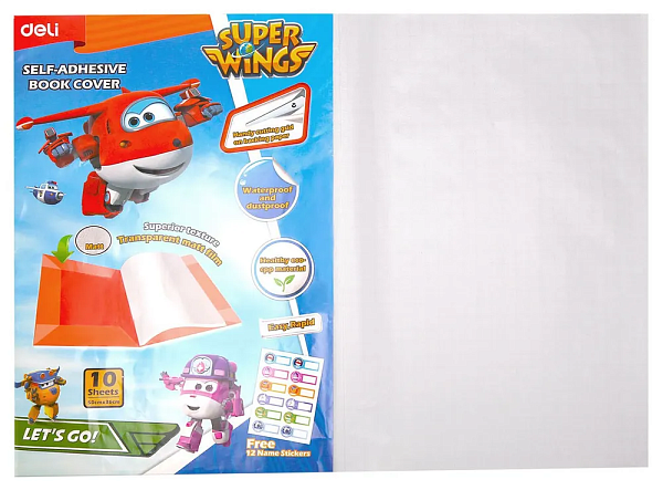 Пленка для книг Deli  Super Wings с липк.сл. (набор 10шт) ПП глад. прозр. 500х360мм