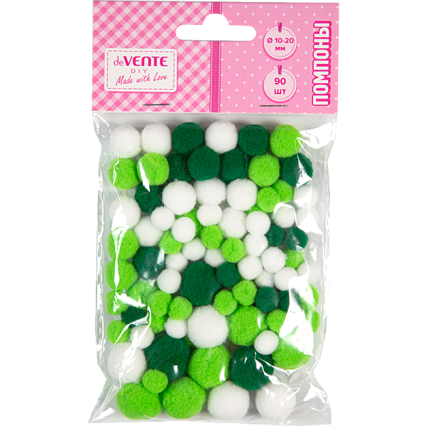 Набор помпонов для творчества "deVENTE. DIY" 90 шт, ассорти (10 мм - 54 шт, 15 мм - 24 шт, 20 мм - 12 шт) в пластиковом пакете с блистерным подвесом, оттенки зеленого цвета