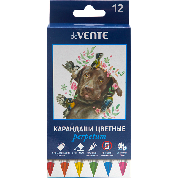Карандаши вечные 12 цветов "Perpetum", с наконечником из специального сплава, с ластиком внутри корпуса, цвет корпуса соответствует цвету грифеля