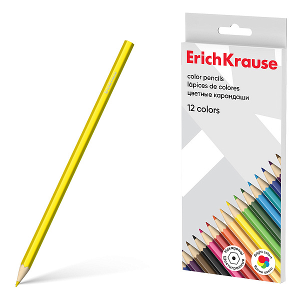 Карандаши 12 цв. ErichKrause деревянные, шестигранные 12 цветов (в коробке с европодвесом 12 шт)