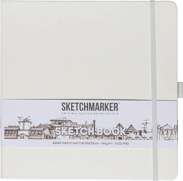 Скетчбук для зарисовок Sketchmarker, белый, тв. обложка с резинкой, 140 г/м, 20x20 см, 80 л. бумага слоновая кость