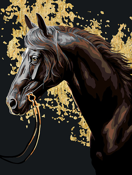 Картина по номерам 40*30 эффект черного холста, с поталью "Вороной скакун" "ФРЕЯ"