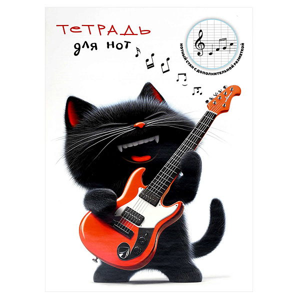 Тетрадь для нот 16 л. А4 "КОТЕНОК С ГИТАРОЙ" /белый офсет, мягкий переплёт (2 скобы), облож.- мелованная бумага 130 г/м²,