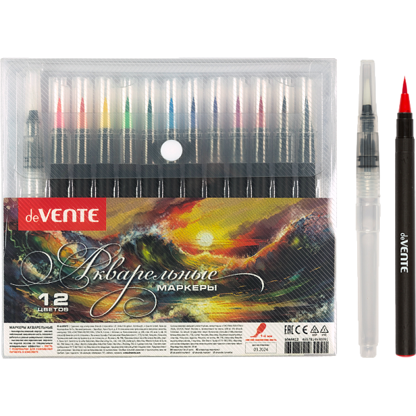 Маркеры акварельные "deVENTE" 12 цв. +1 кисть Water Brush, наконечник-кисть из нейлона, ширина линии письма от 0,5 мм до 4 мм, круглый корпус, акварельные чернила на водной основе, в пластиковой коробке